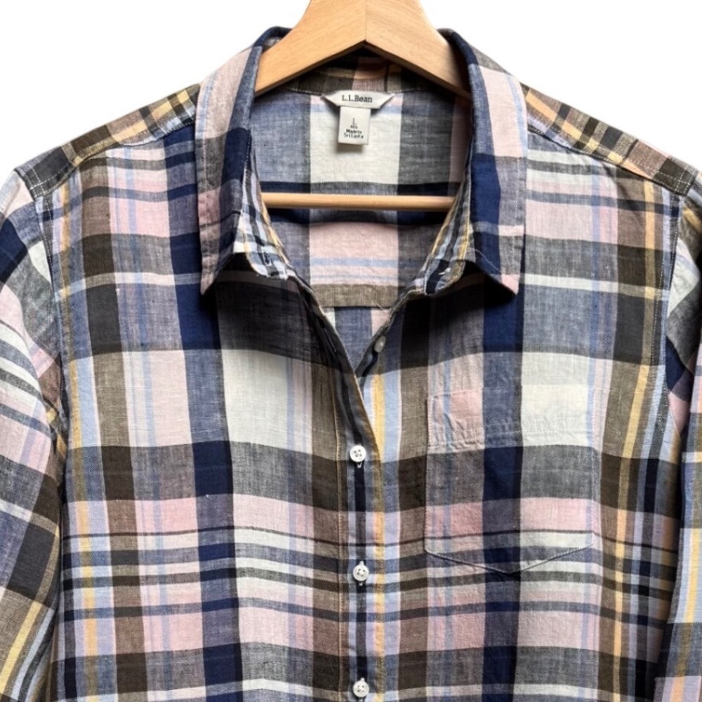 LL Bean Women Linen Tunic Button Front Top Large Pink Outdoor Plaid Travel